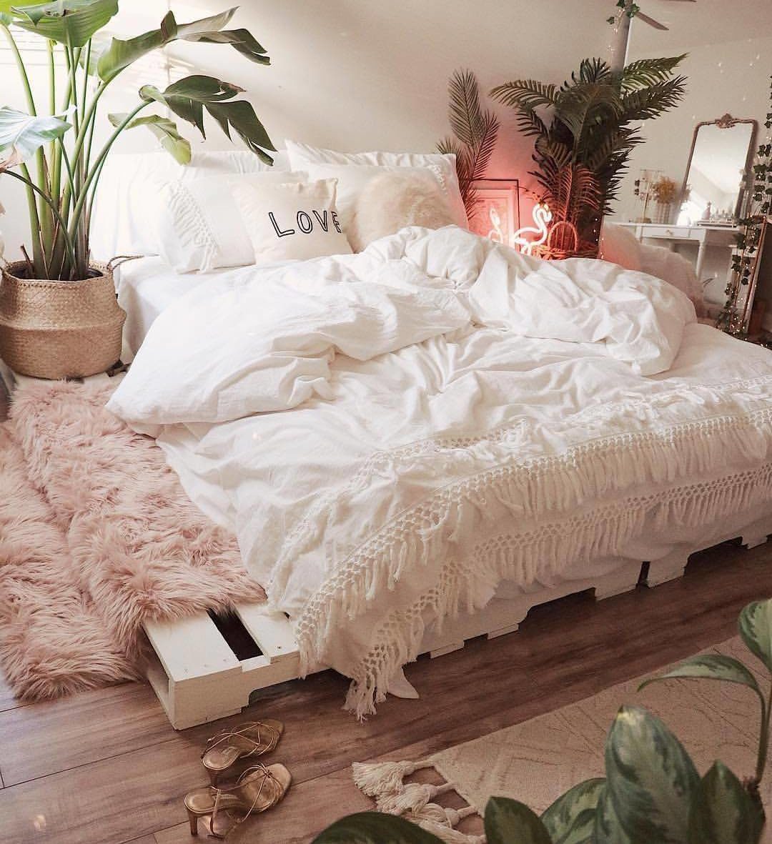 Modern Chic Feminine Bedroom Pallet Bed Natural Brick Wall Neon Sign Decor Fur Carpet