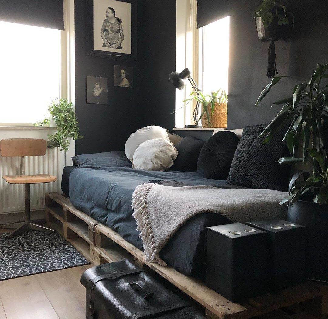 Dark Black Navy Bedroom Mens Pallet Bed Frame Natural Light