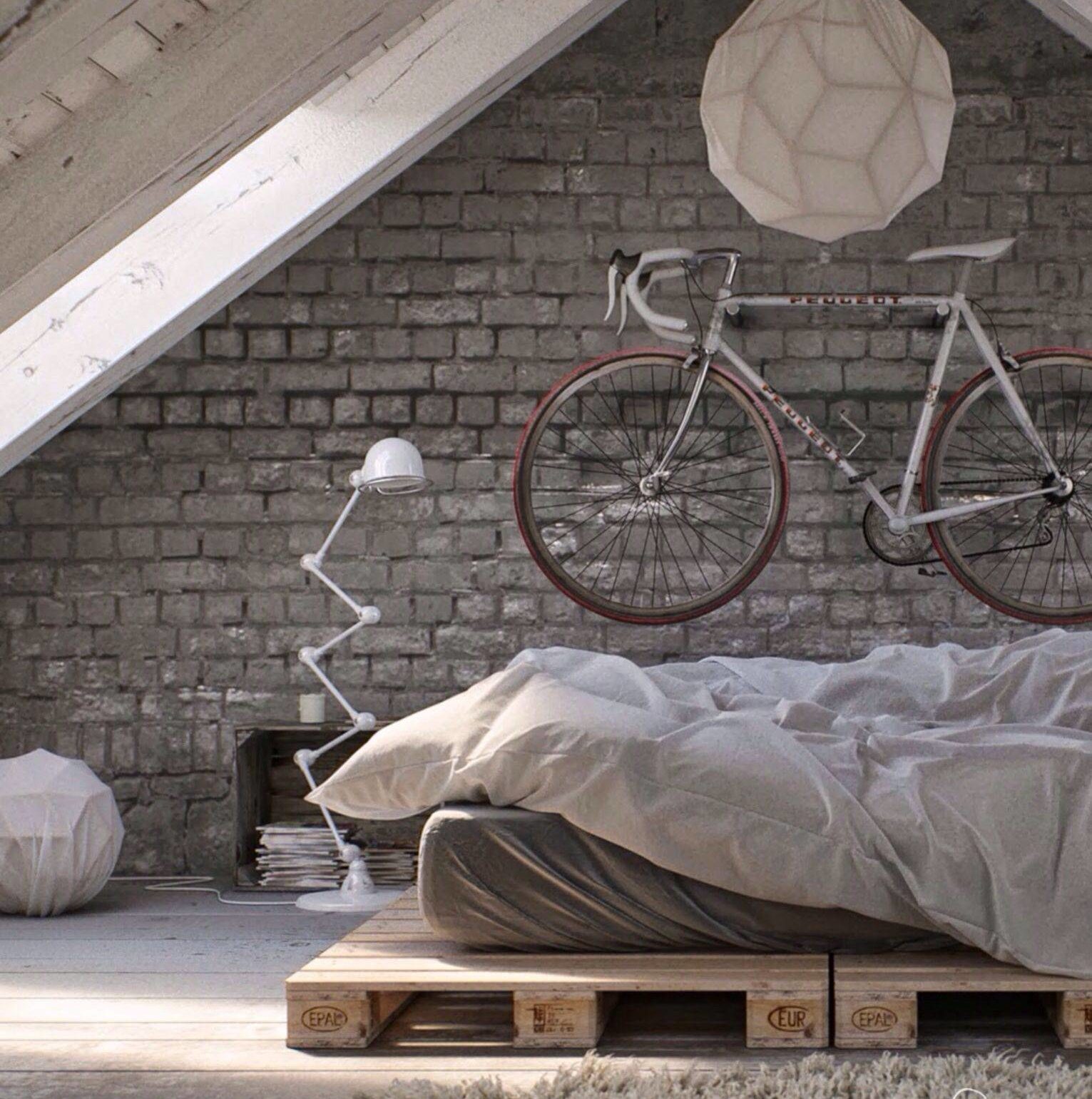 Modern Apartment Bike Storage Wood Pallet Bed Frame Natural Exposed Brick Lantern Light