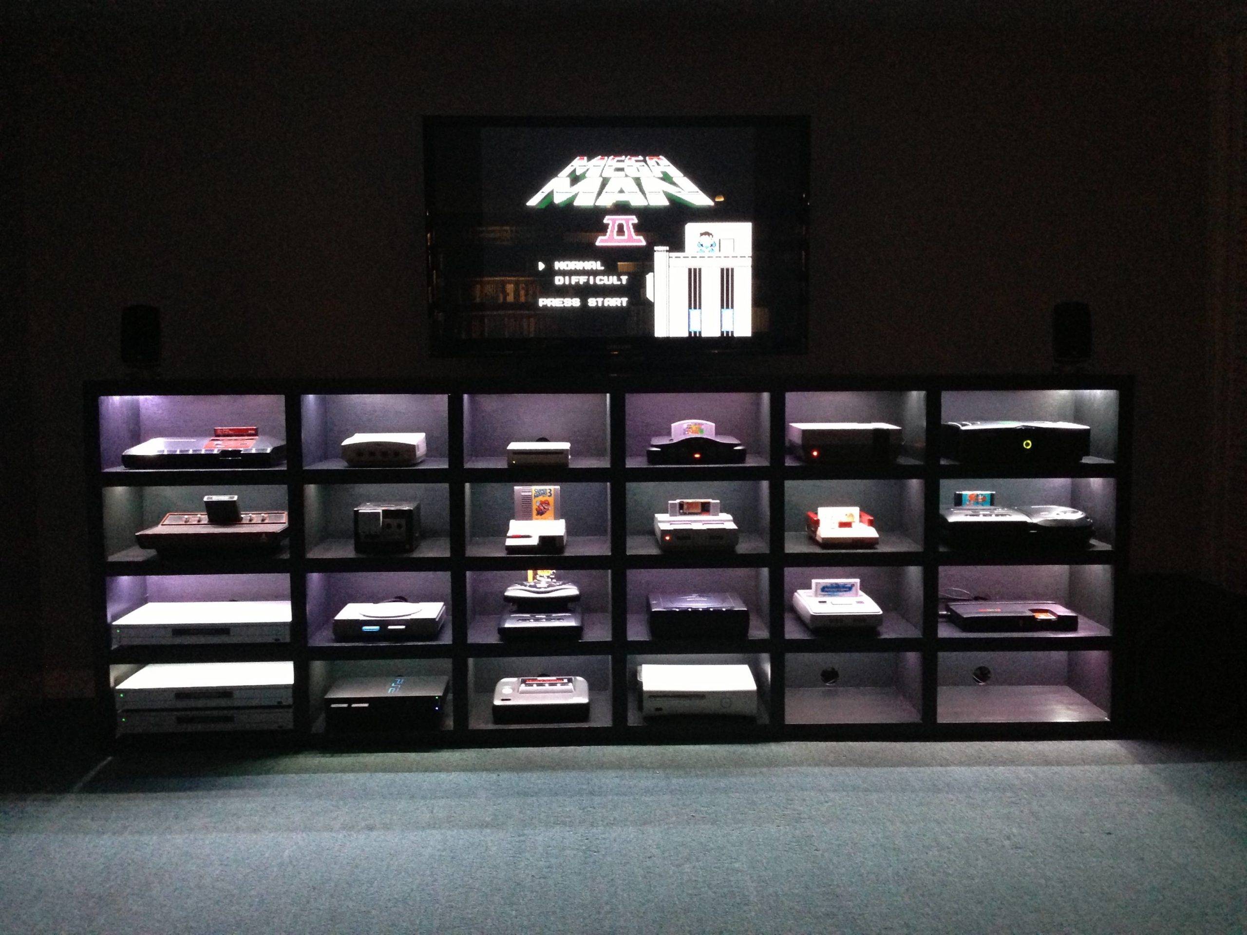 rows of video game consoles on display