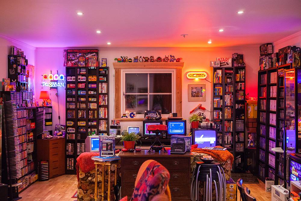 video game room and extensive shelving for games