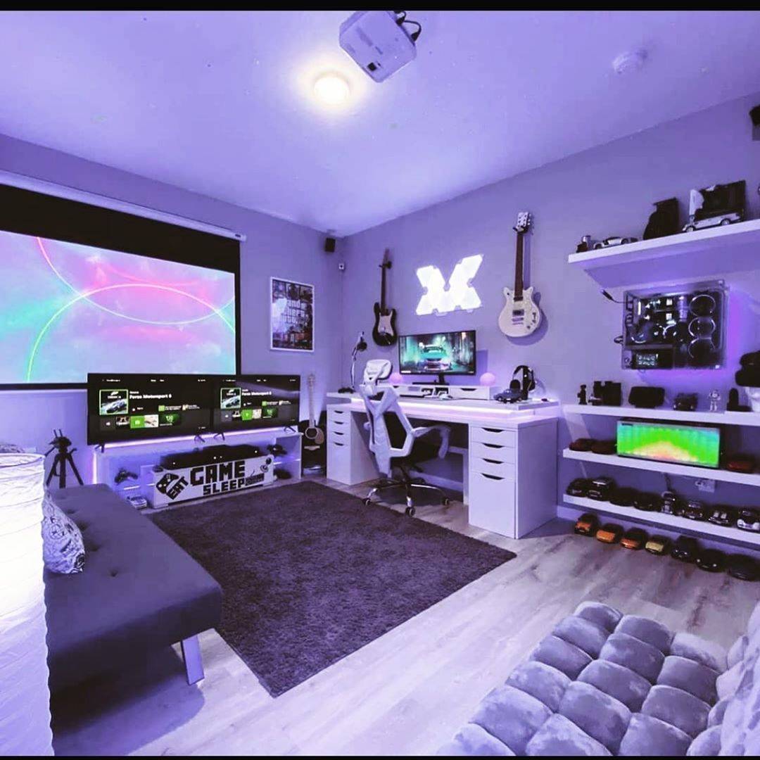 all white gaming room with subtle purple lighting
