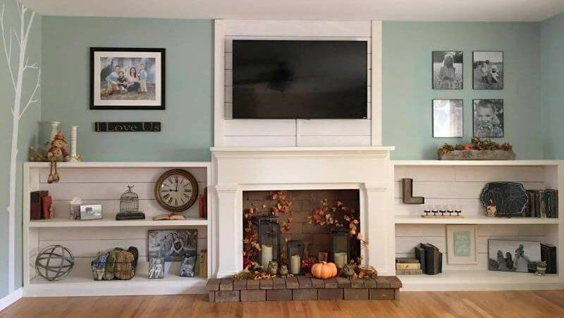 shiplap and brick faux fireplace setting