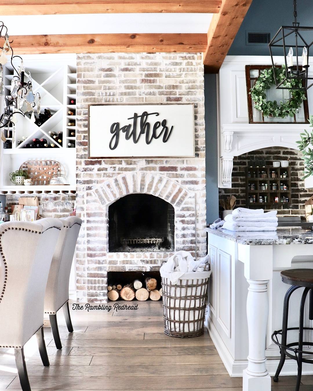 german schmear fireplace with matching kitchen backsplash