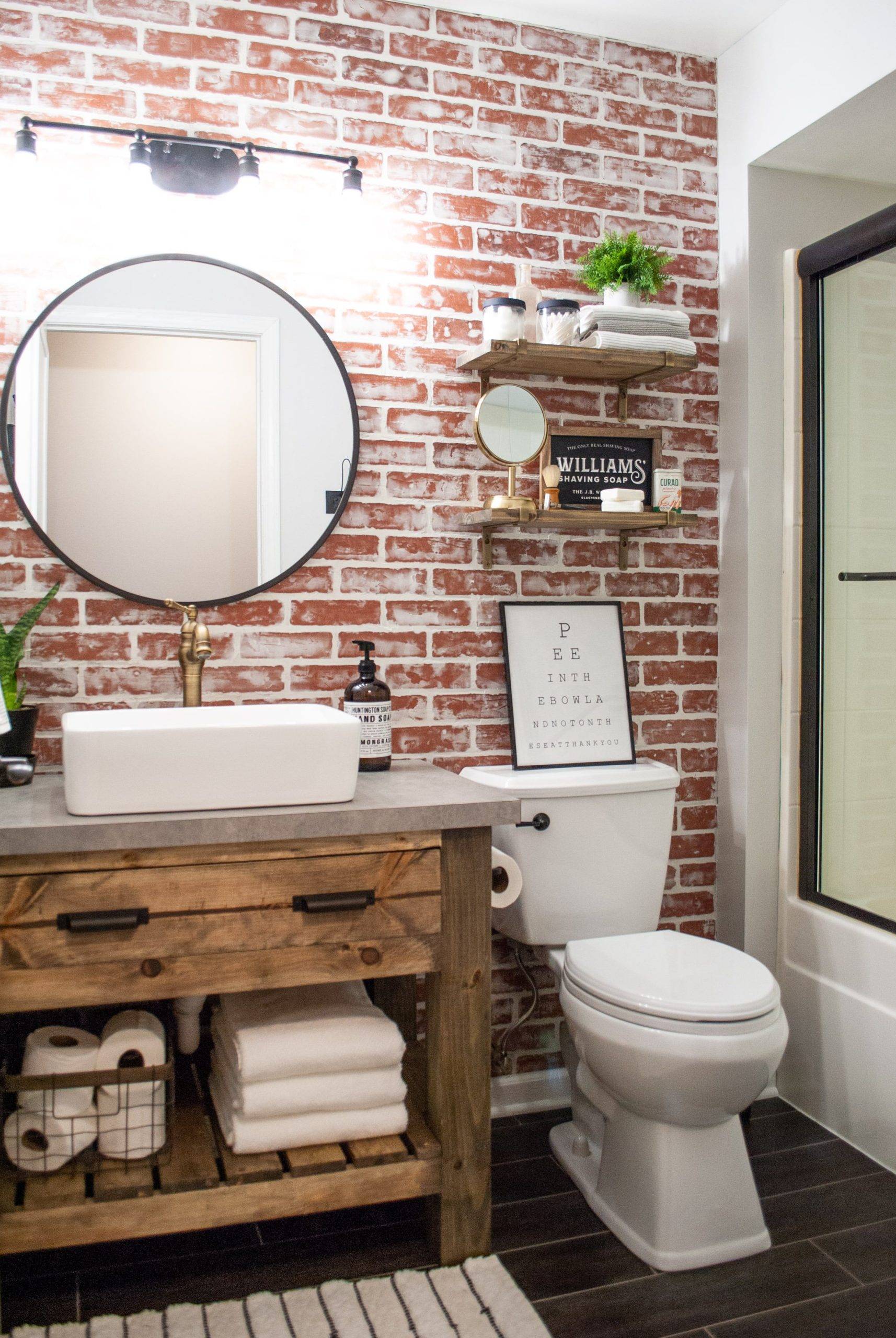 Bathroom Vanity with Brick Accent Wall