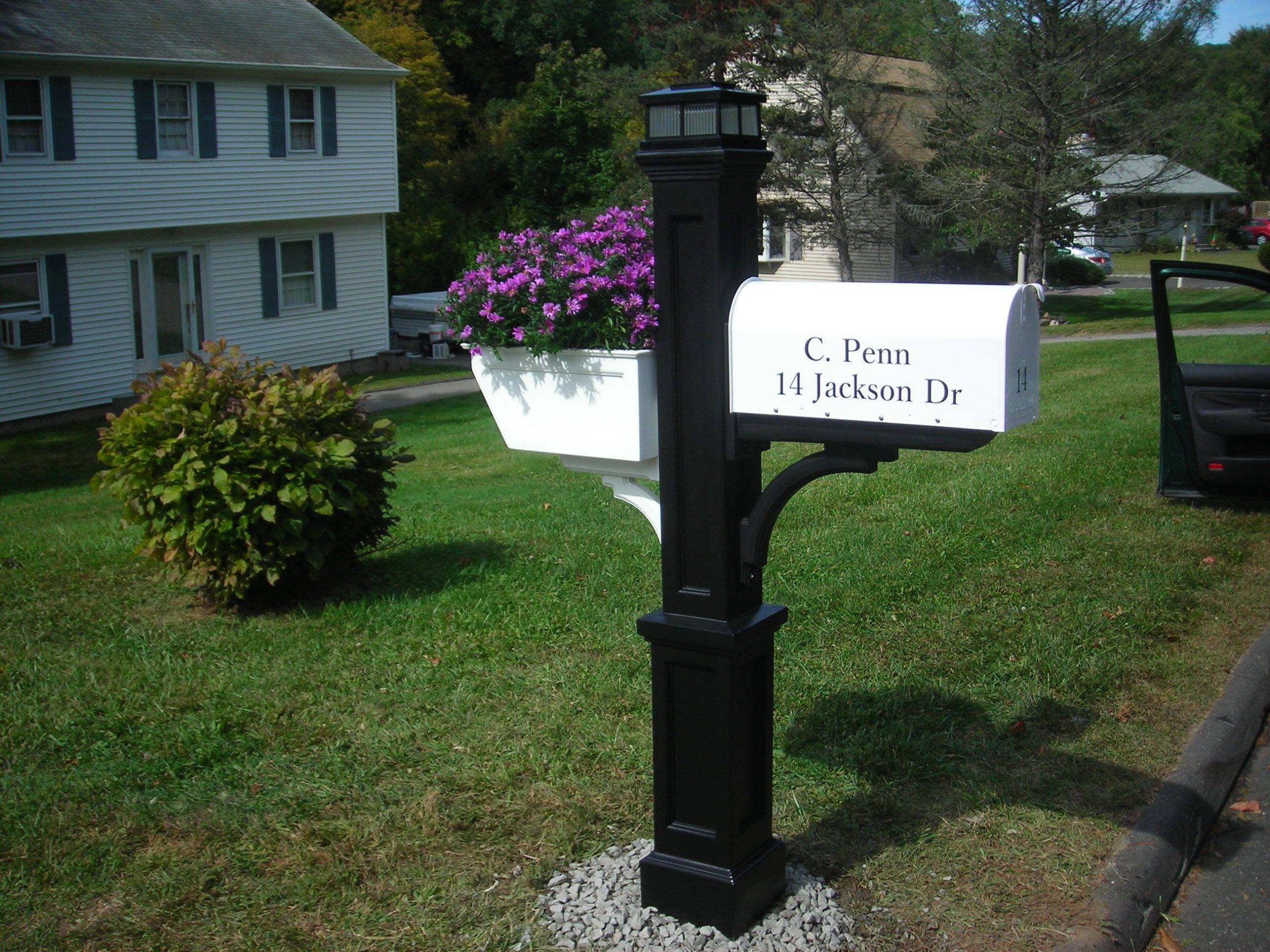 Black and White Mailbox Post with Planter Box