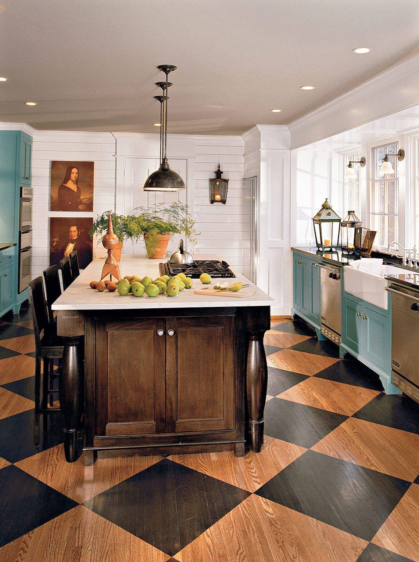 Black and brown tiles on kitchen floor