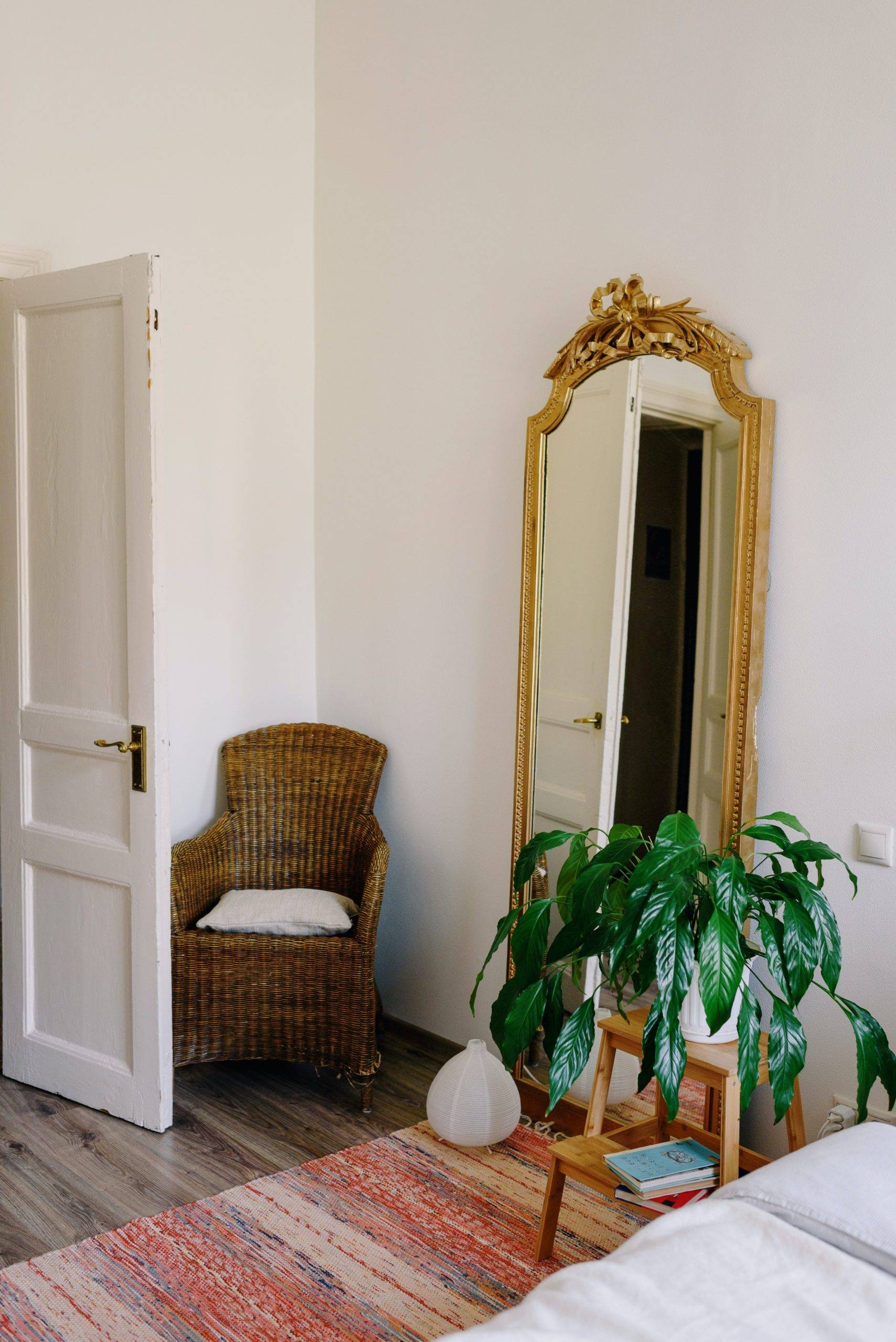 Chair and large gold mirror behind open door