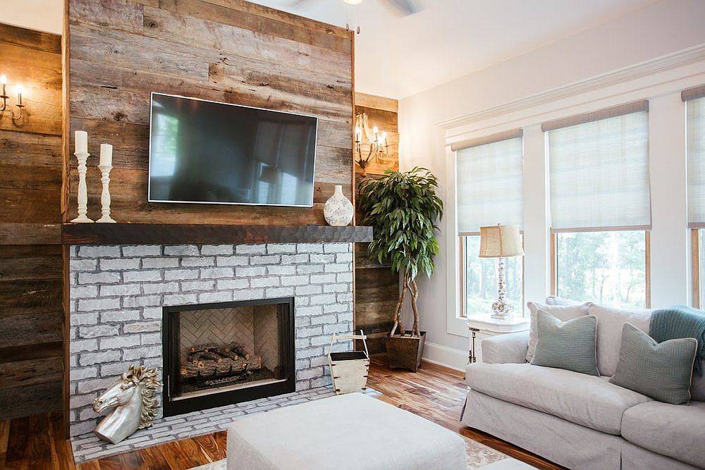 Combining wood with brick to create a gorgeous fireplace in the living room