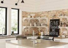 Contemporary kitchen with brick backsplash and white cabinets open shelves