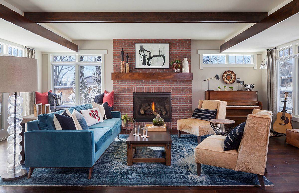 modern living room with brick fireplace