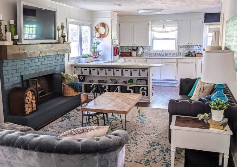 teal painted fireplace in living room