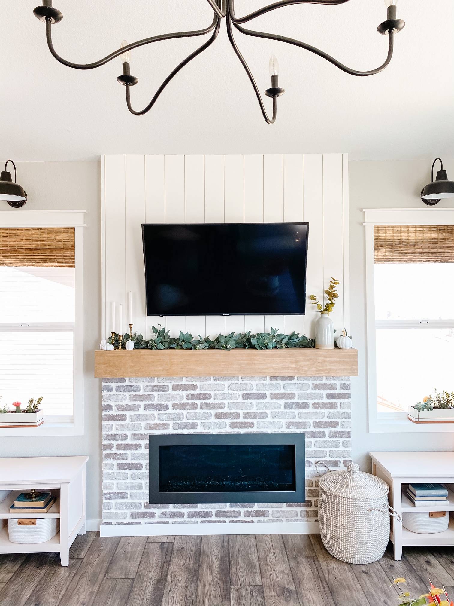 whitewash brick fireplace setting