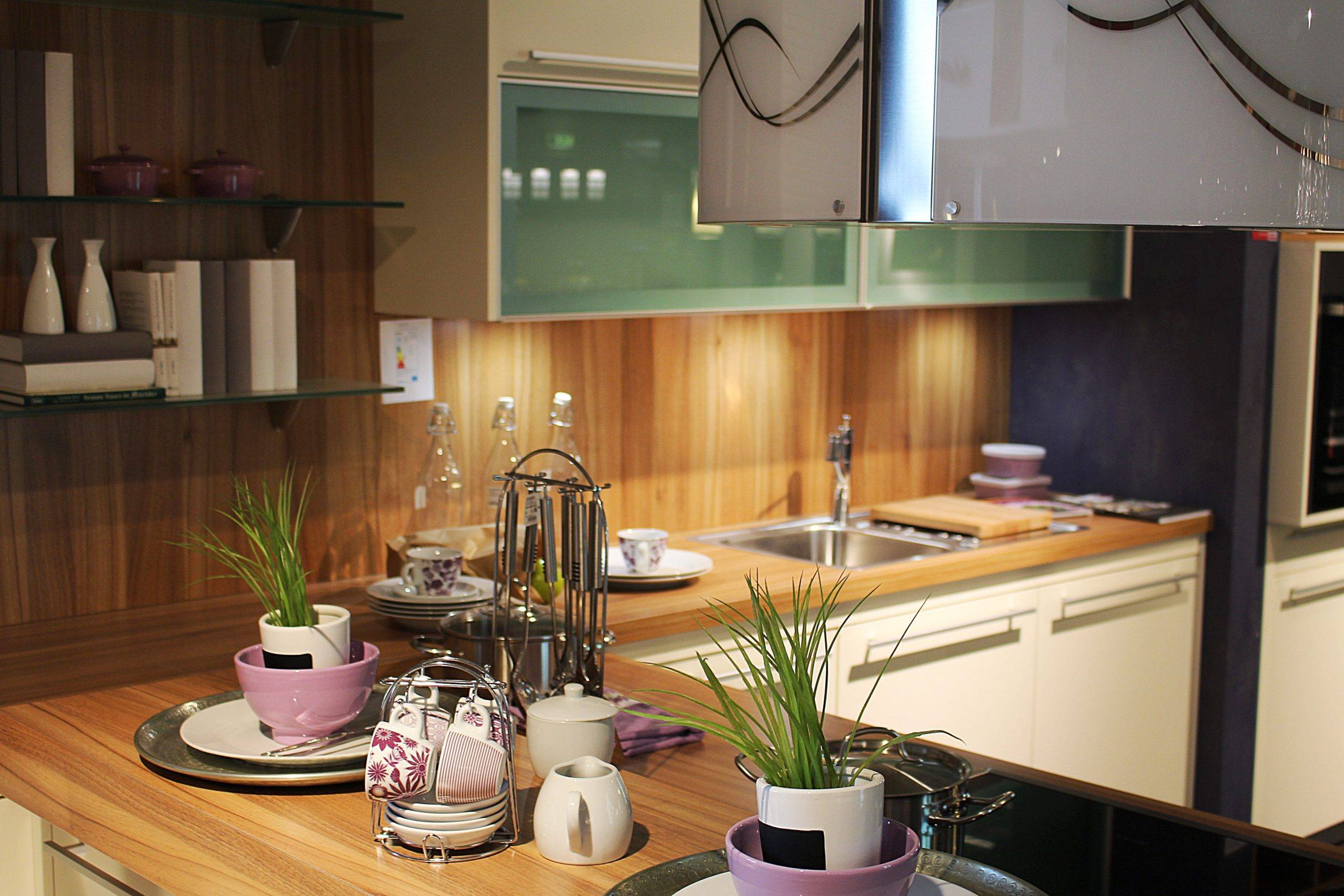 KItchenware on counter with two potted plants