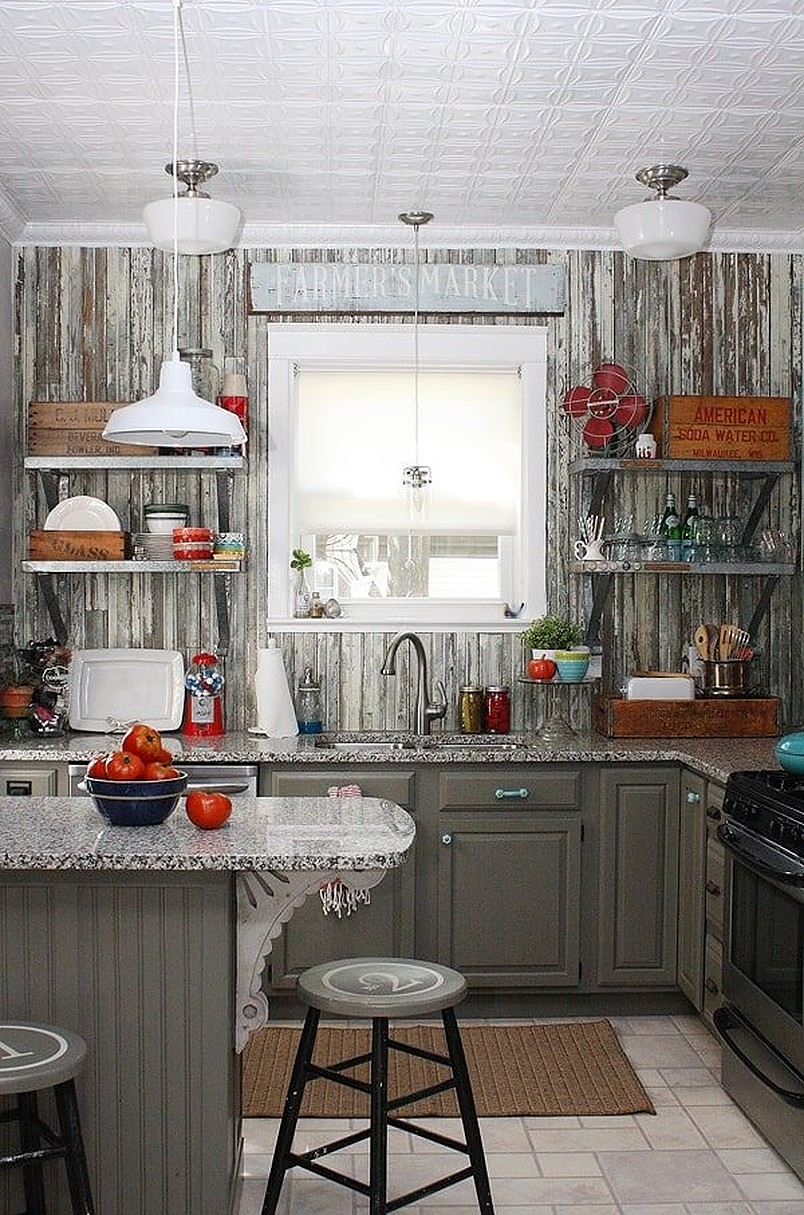 Kitchen with white window and hanging light fixture