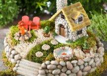 Miniature fairy garden with pebbles