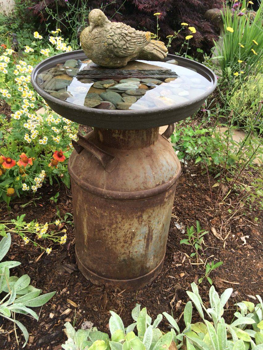 Old milk jug birdbath