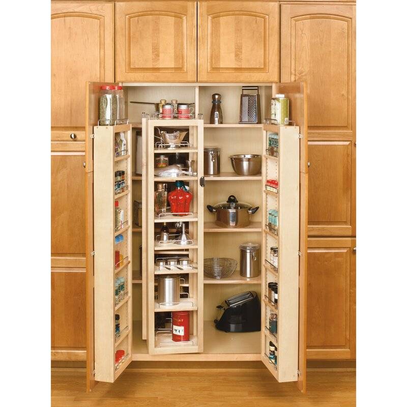Open cabinet pantry full of things