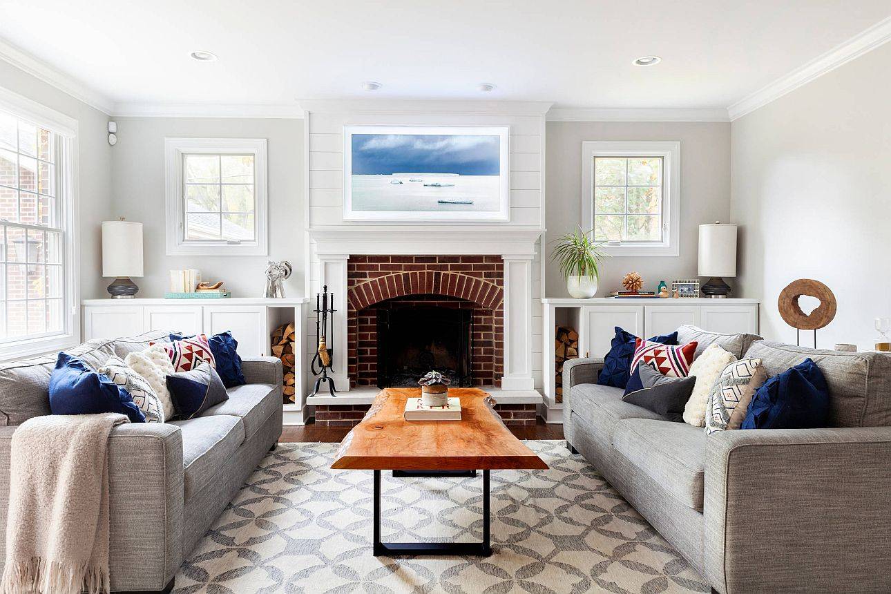 modern living room with brick fireplace