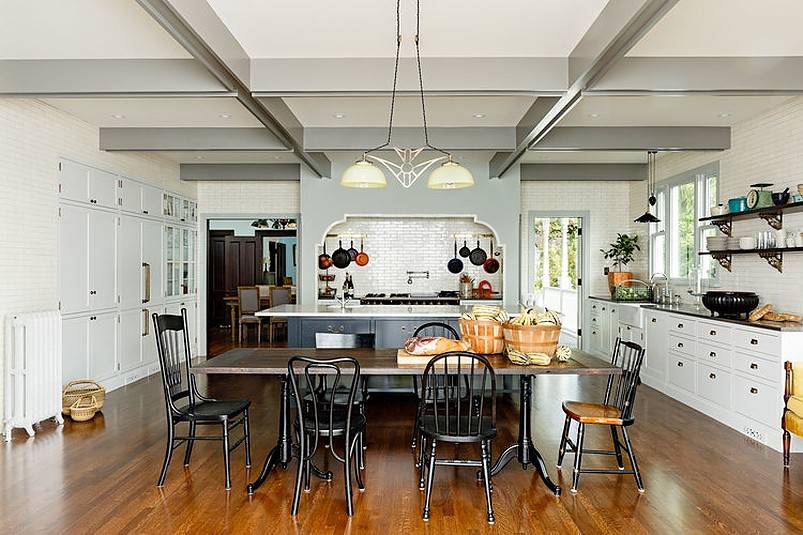 Two baskets on top of long dining table