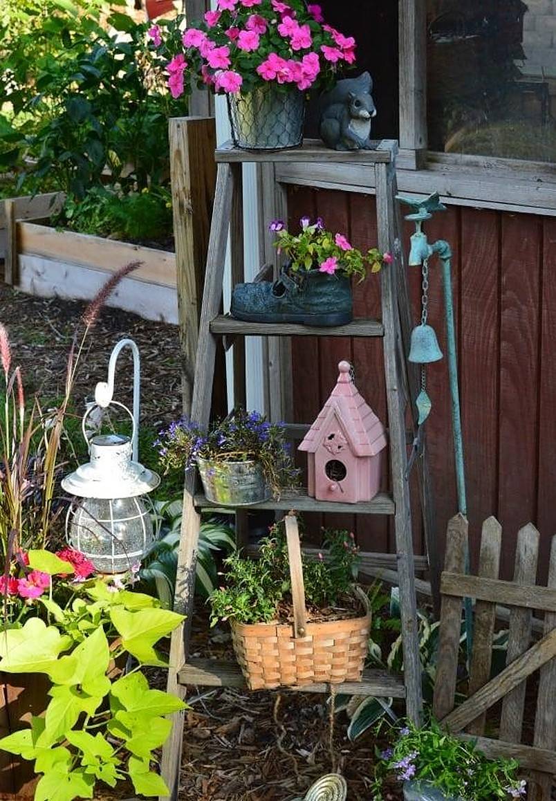 Upcycled ladder with decorations on each step