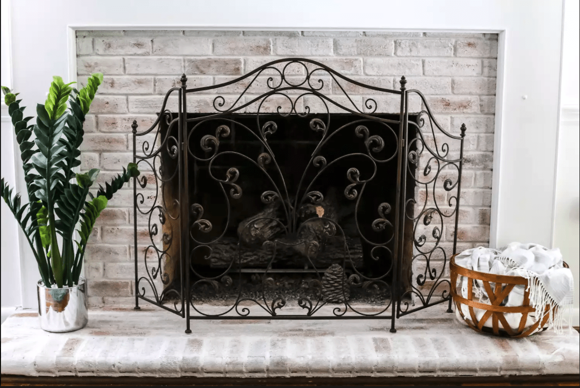 limestone wash on brick fireplace