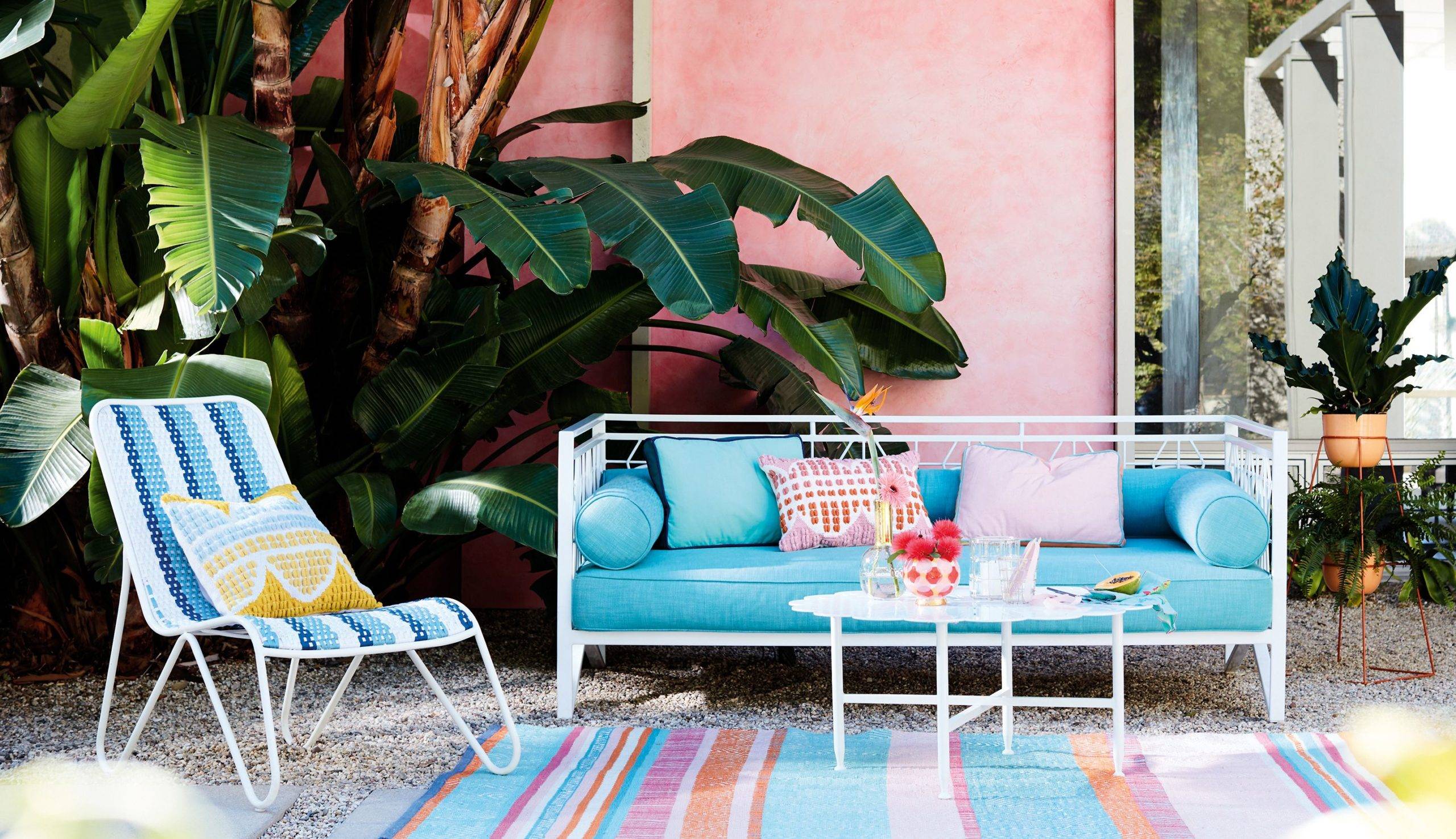 Bright Blue Day Bed Patio Decor Anthropologie Outdoor Striped Rug Pink Walls Color