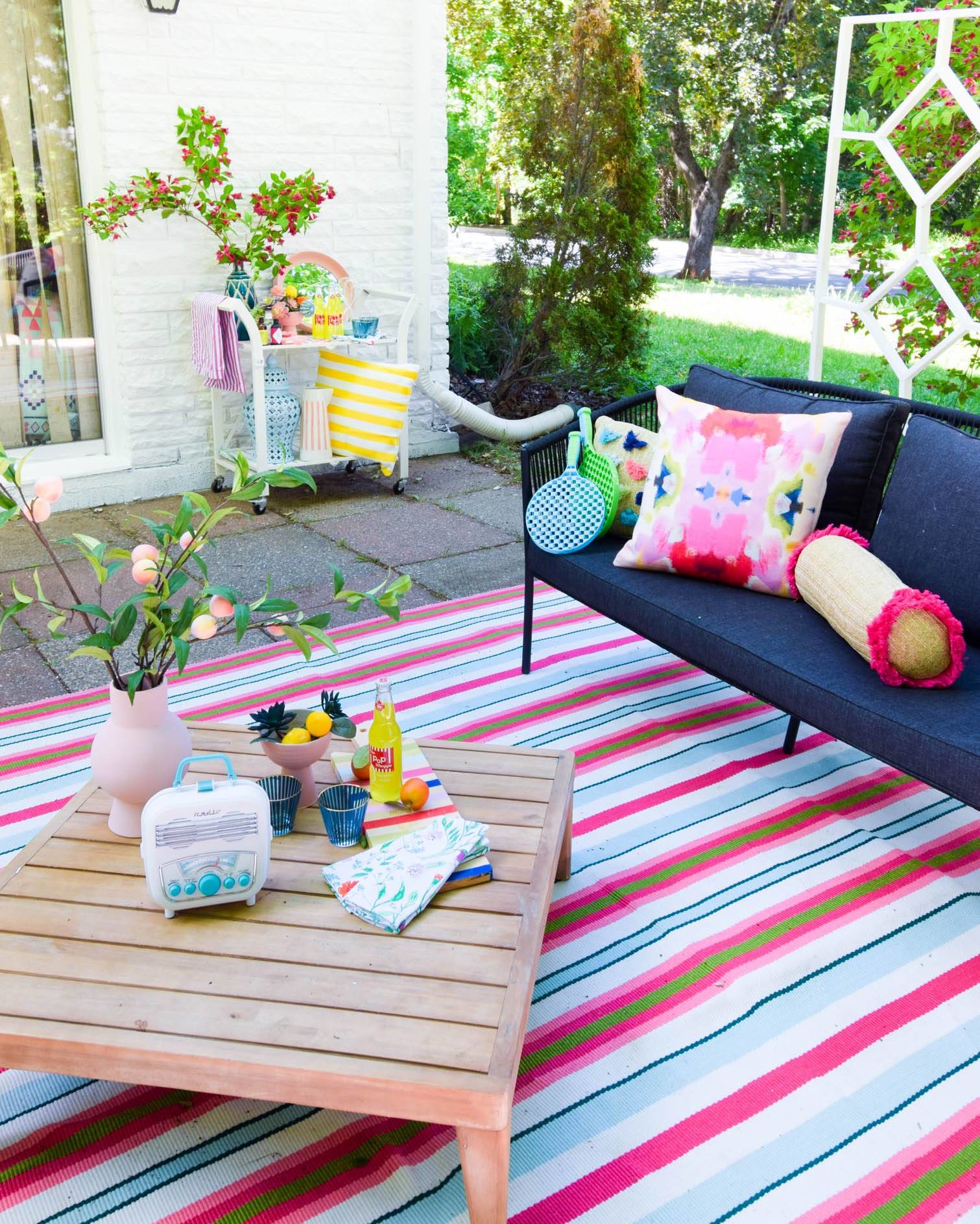 Pink and Green Striped Outdoor Area Rug Chic Patio Furniture Crate Table