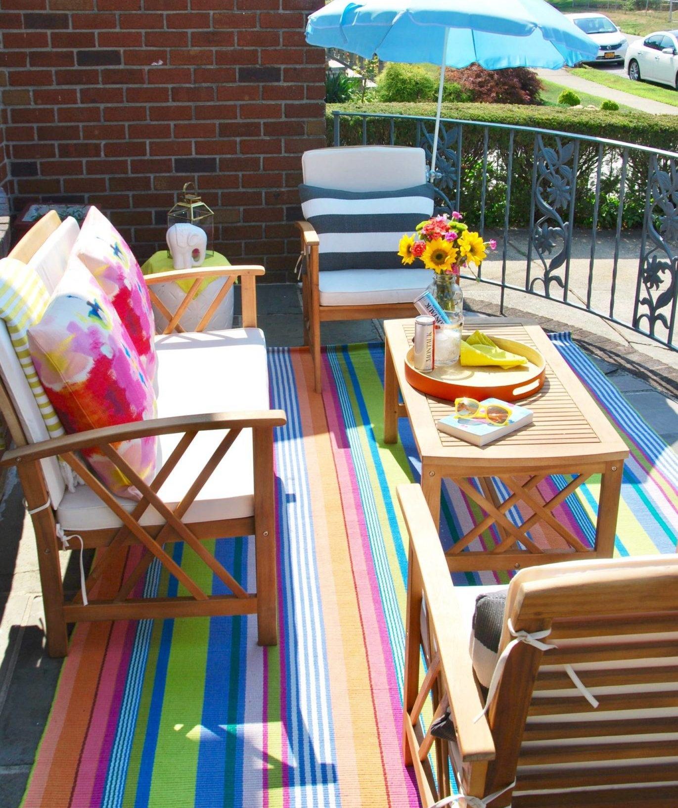 Striped Mexican Inspired Area Rug Outdoor Patio Wood Furniture Balcony Small Space