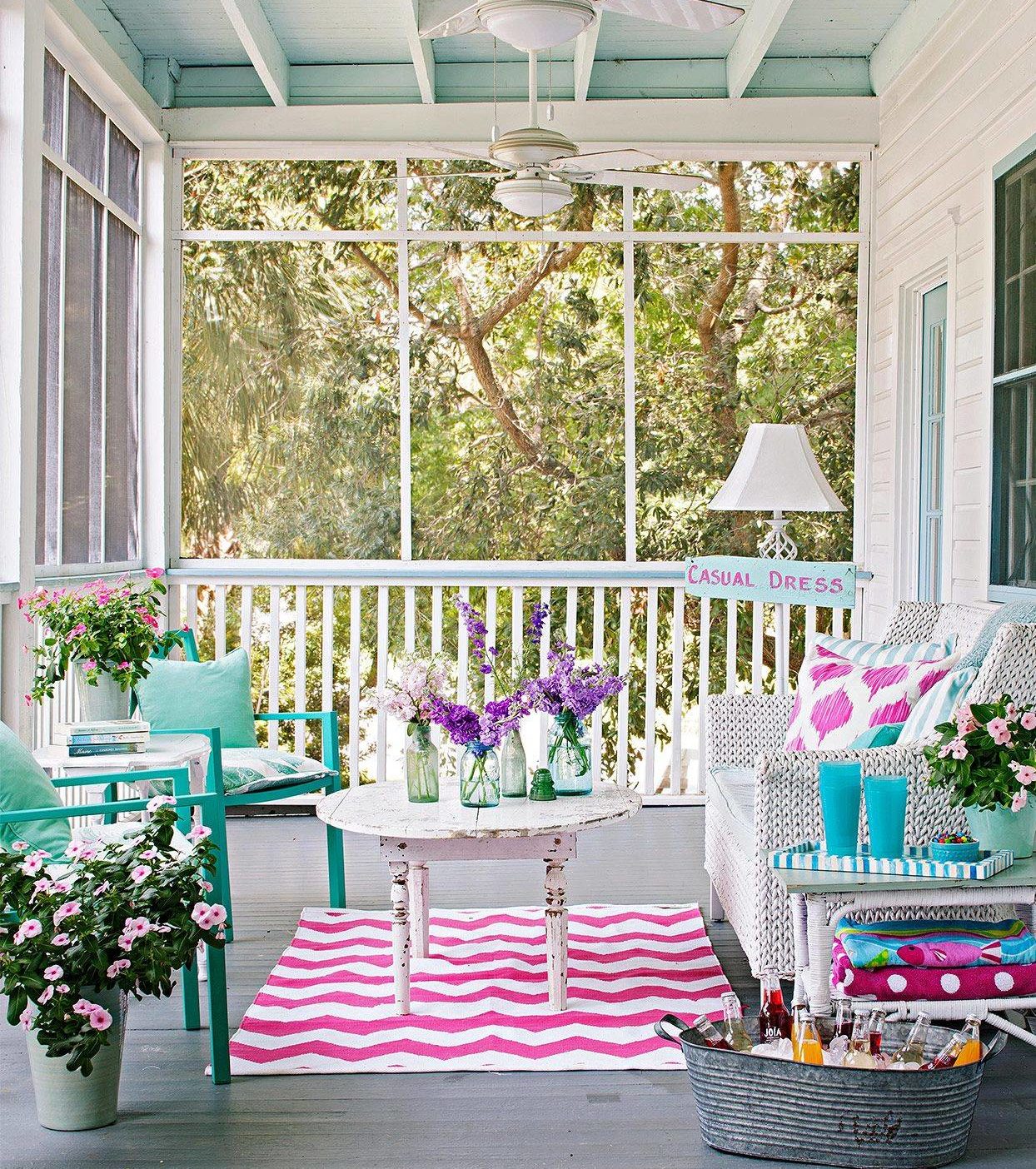 Modern Country Rustic Chic Porch Tiffany Blue Teal Aquamarine Sunroom Pink Chevron Area Rug