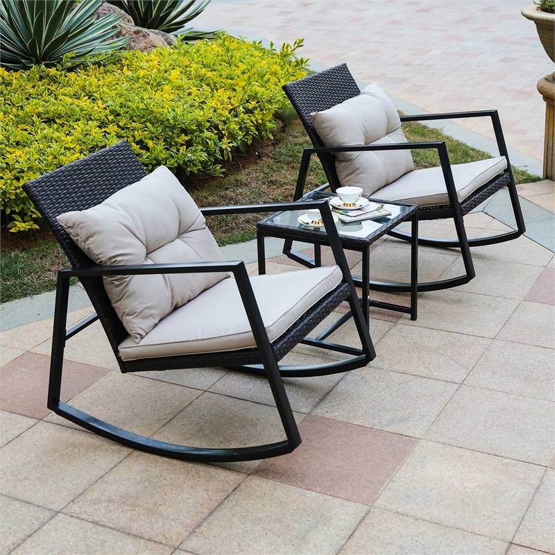 Wicker Patio Rocking Chair Statement Accent Seating Outdoor Cushion