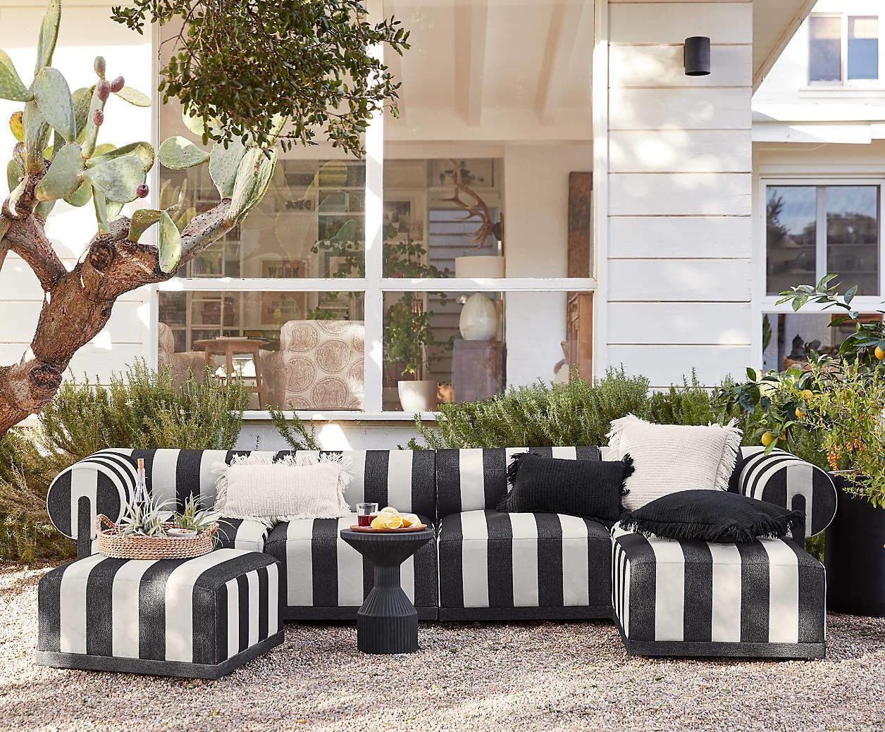 Crate and Barrel Comfy Outdoor Lounge Seating Ottoman and Sectional Chair Sofa Black White Striped