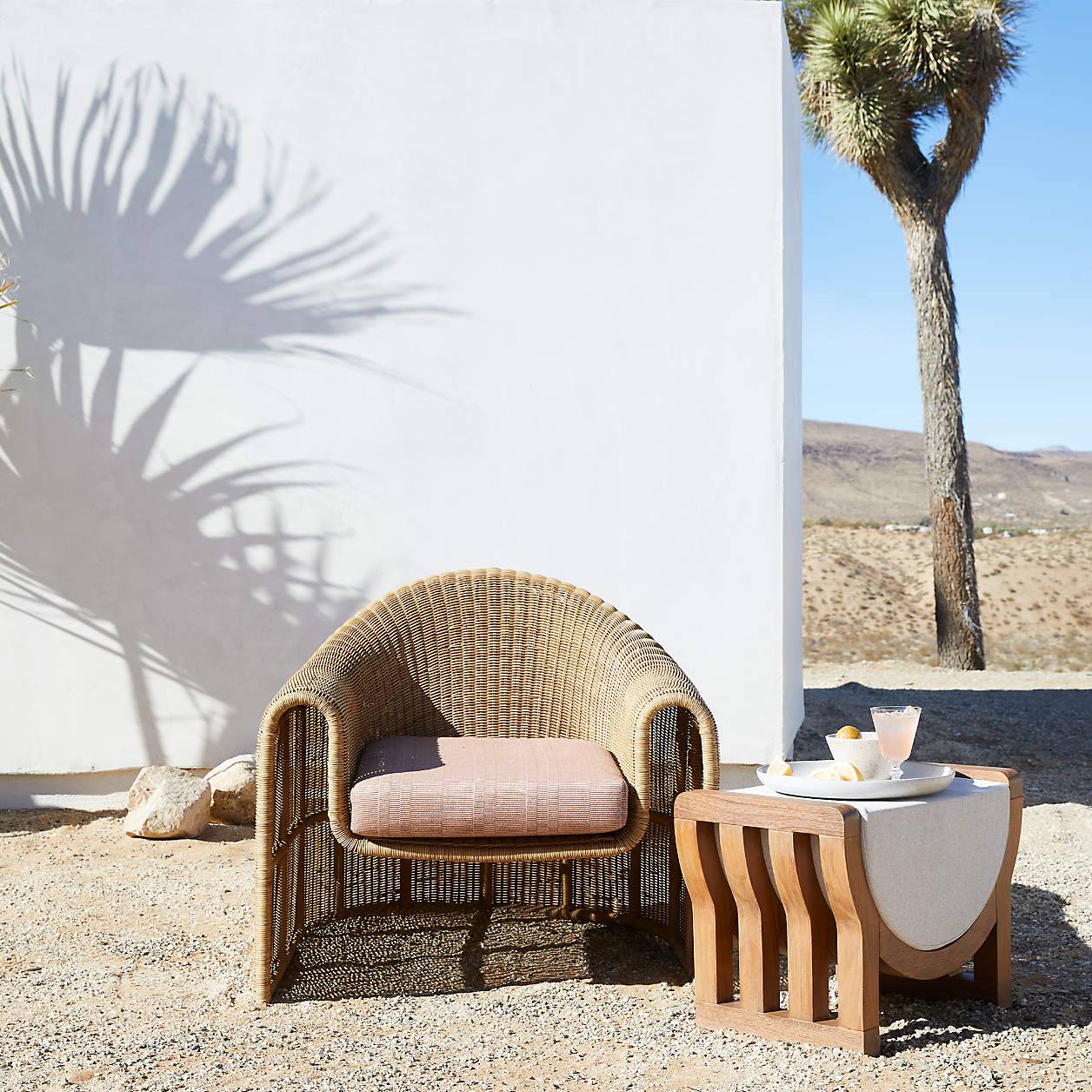 Mid Century Modern Rattan Wicker Lounge Chair Desert Patio Trendy Side Table
