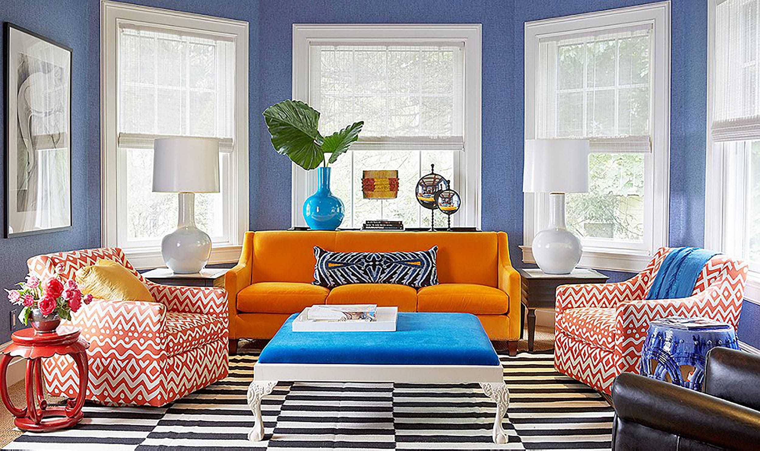 Orange Couch Colorful Living Room Bright Blue Pattern Rug Sofa