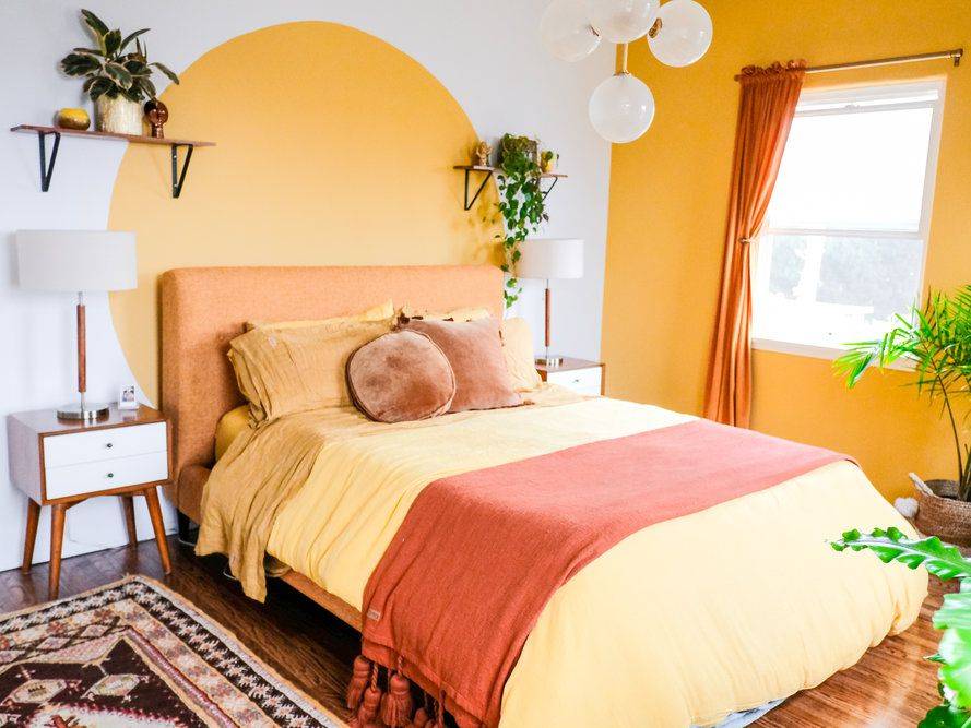 Yellow Accent Wall Bright Statement Colorful Bedroom Boho Chic Mid Century Bed