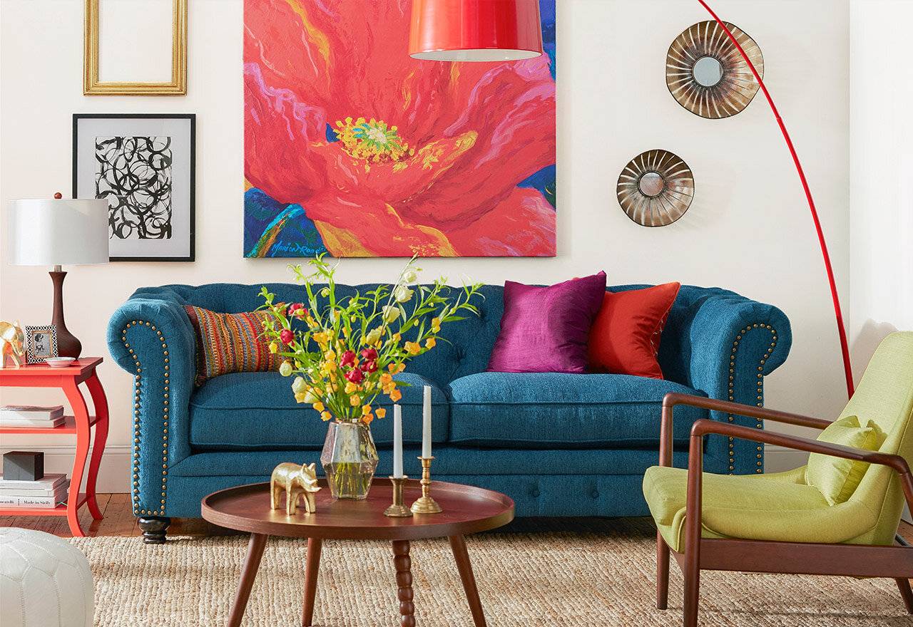 Bold COlorful Blue Couch Bright Living Room Statement Furniture Decor