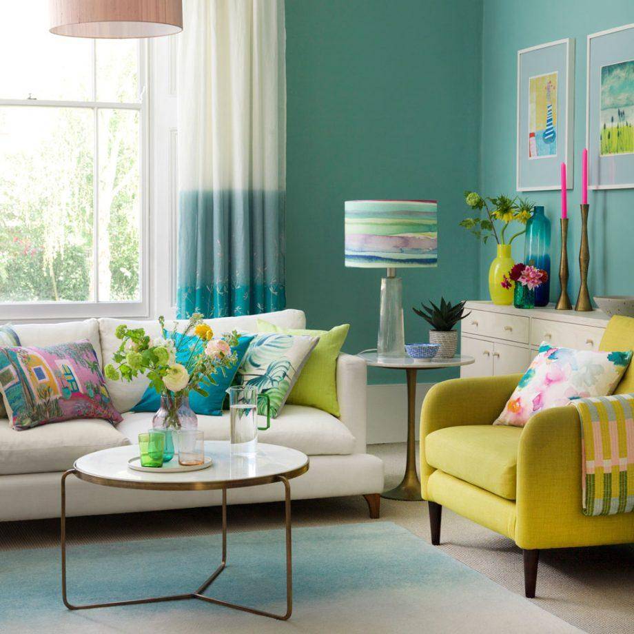 Colorful Living Room Lime Green Accent Chair Blue Decor Modern Chic Feminine