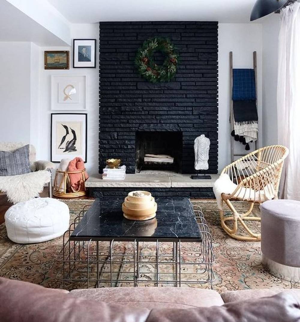 modern living room with brick fireplace