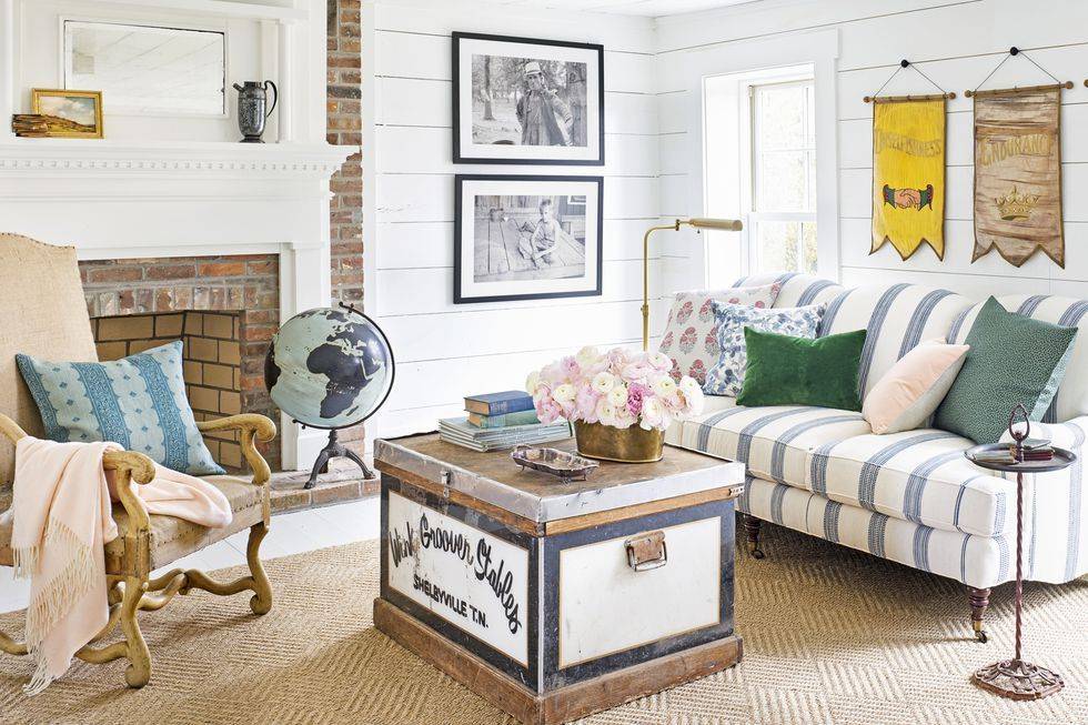 nautical living room with red brick fireplace