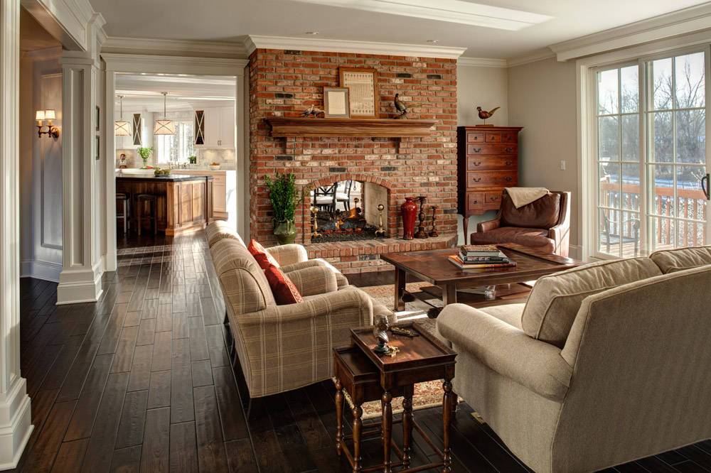 modern living room with brick fireplace