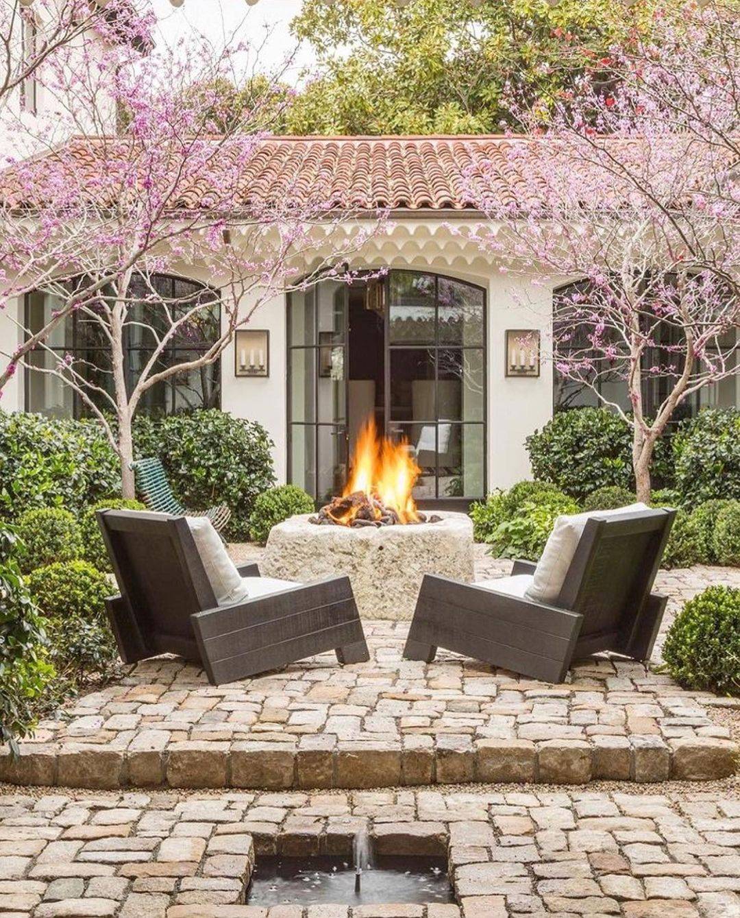 Backyard with fire pit and trees