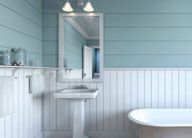 Bathroom interior with vertical and horizontal lines on the wall