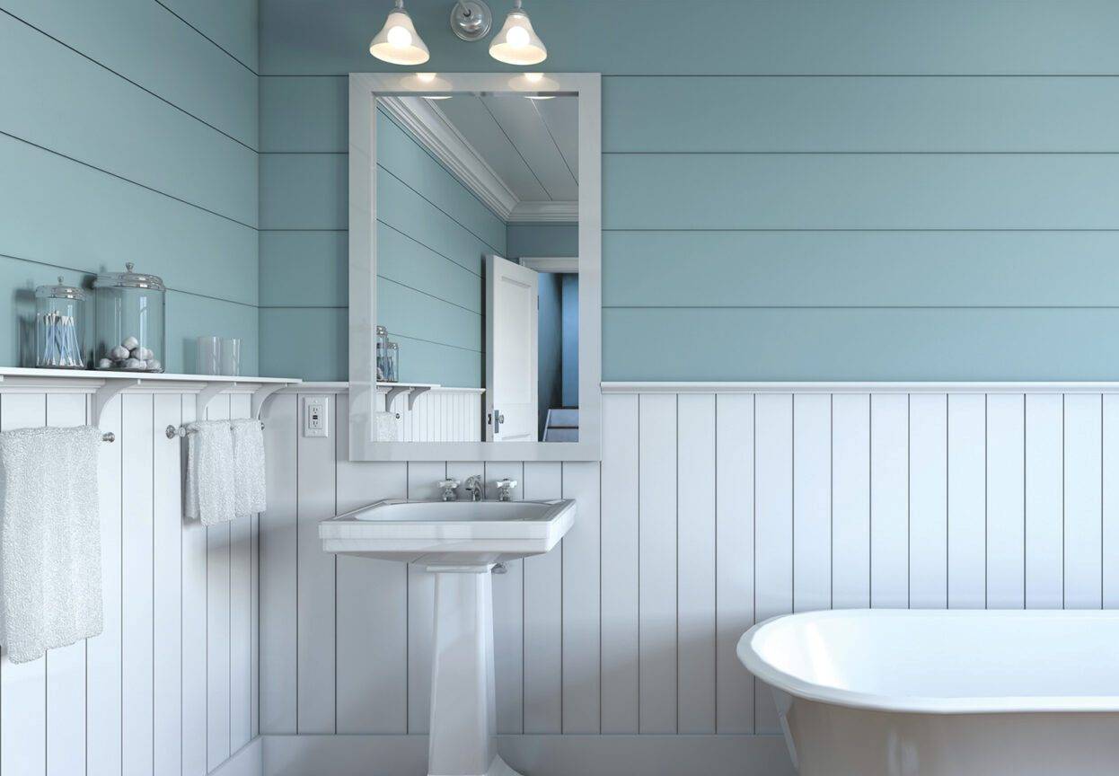 Bathroom interior with vertical and horizontal lines on the wall