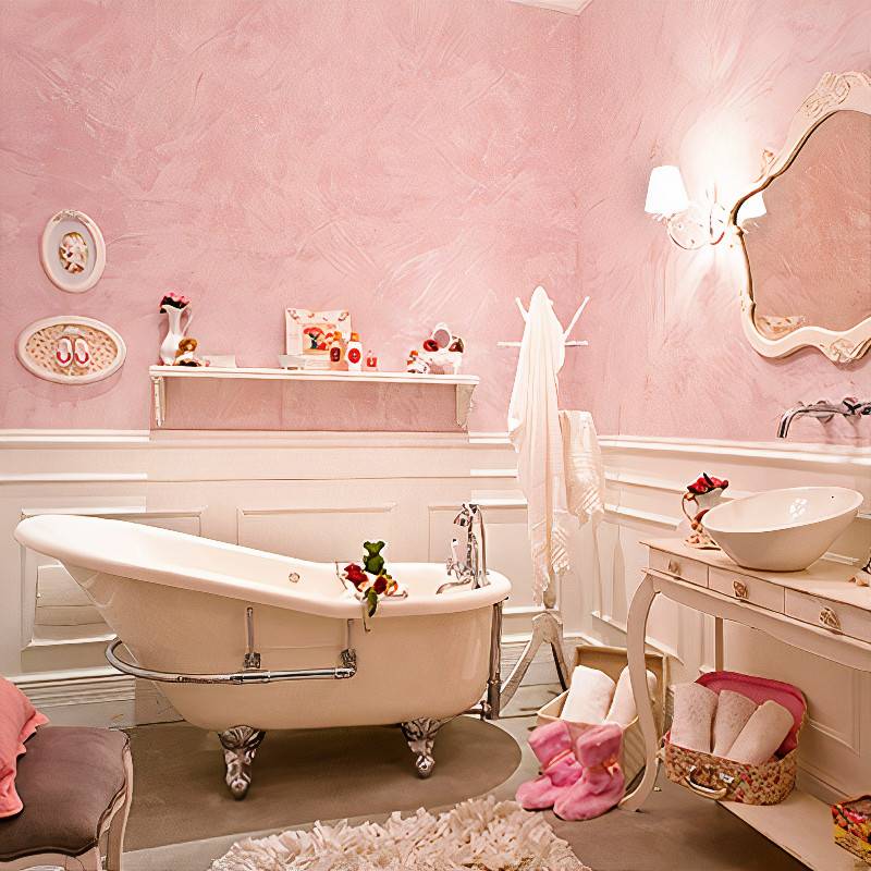 Bathroom with pink walls and white fixtures