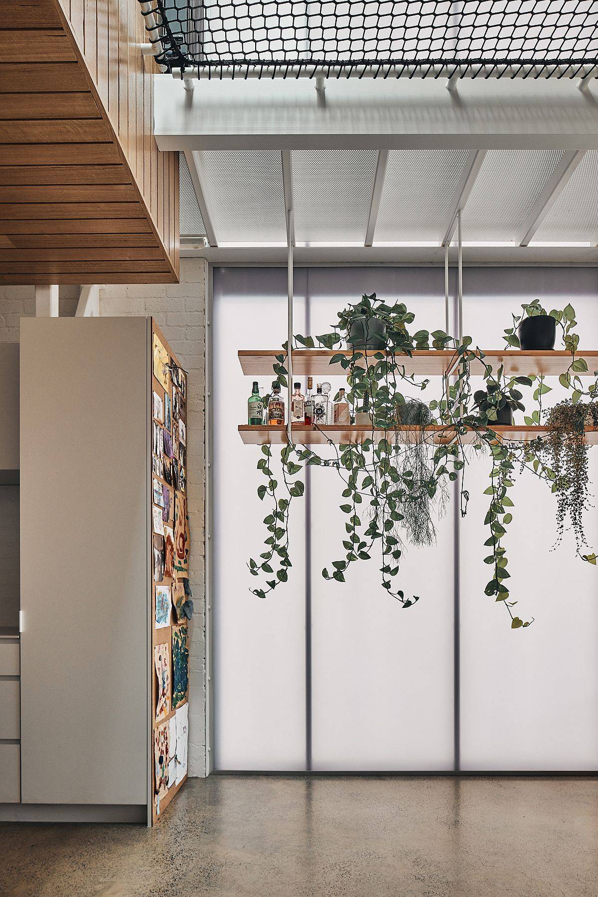 Bespoke hanging wooden shelves in the living room with greenery