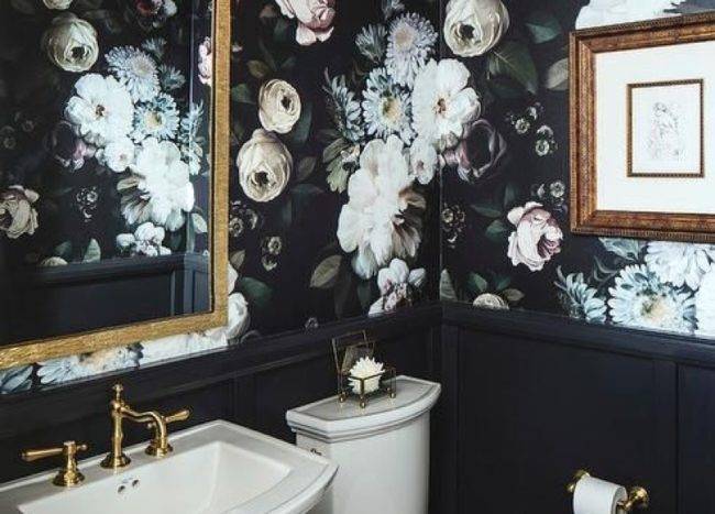 Black bathroom interior with floral wall paper