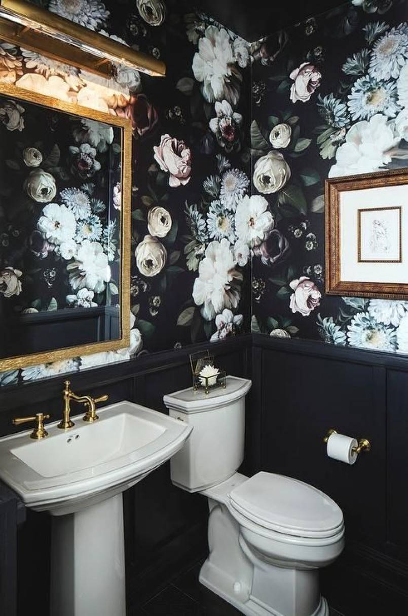 Black bathroom interior with floral wall paper