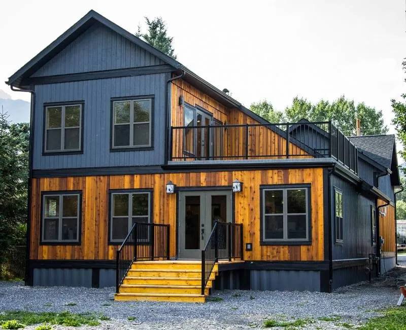 Blue and brown house exterior