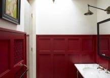 Burgundy wainscoting bathroom wall with marble sink