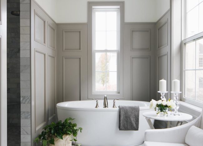 Candles and green plants beside bath tub